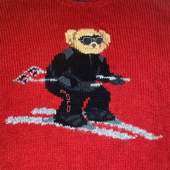 Rare Polo Ralph Lauren Hand Knit Wool Ski Polo Bear 94’ Red Sweater XL - Picture 2 of 10